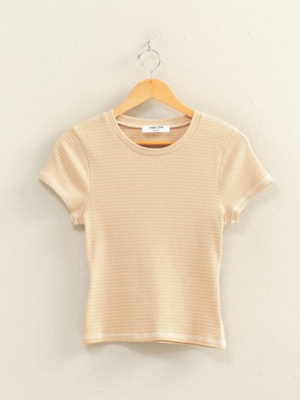 NEW Double Zero Taupe Stripe Ribbed Crewneck Fitted Tee – Large